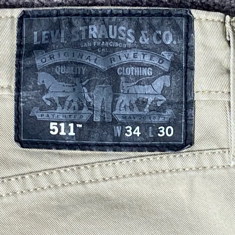 Levi's 511 Red Tab Black Patch Size 32 X 28 (34X30) Khaki Stretch Slim Fit Jeans